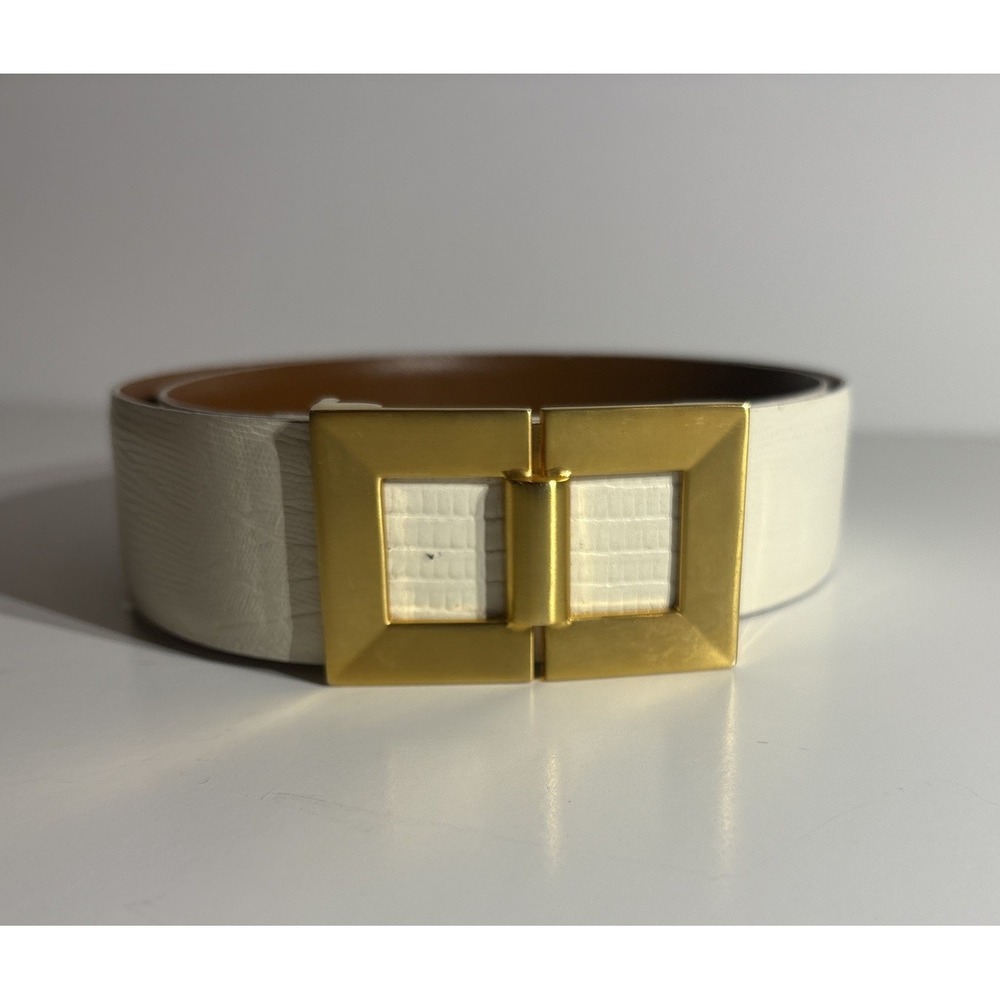 Cipriani‎ White Size Large Lizard Grain Leather Gold Tone Buckle Belt